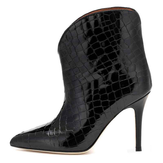 Women's Patent Leather Stiletto Ankle Boots – Pointed Toe Stone Pattern Fashion Boots