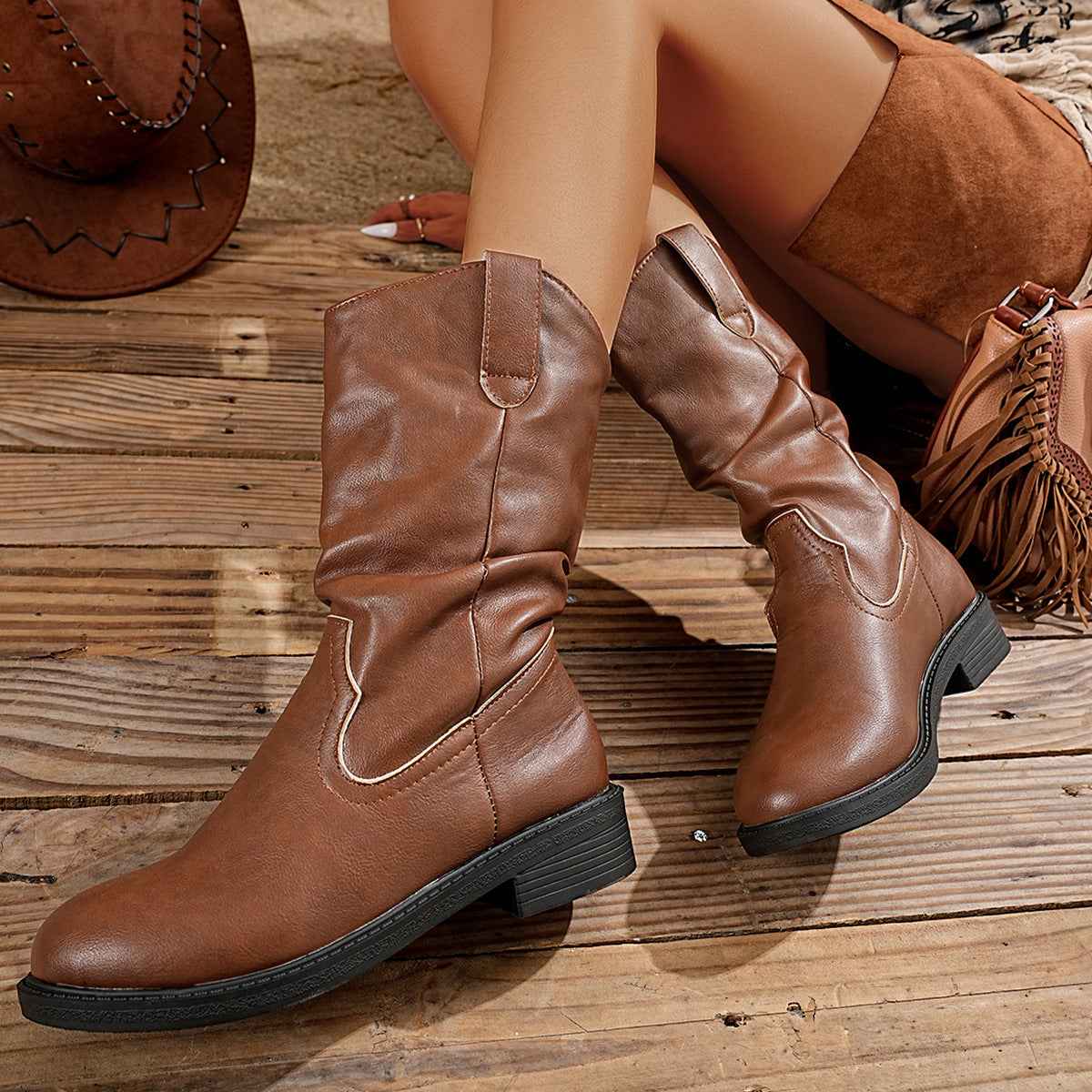 Women's Mid-Calf Fashion Boots – Pointed Toe Block Heel PU Leather Boots