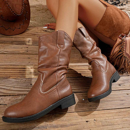 Women's Mid-Calf Fashion Boots – Pointed Toe Block Heel PU Leather Boots