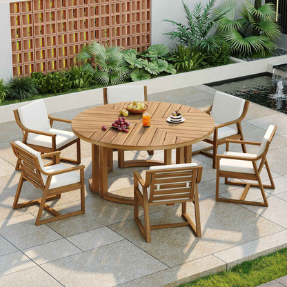 TREXM 7-Piece Outdoor Acacia Wood Dining Set for 6 – 59" Round Table with Umbrella Hole & Removable Beige Cushions, Light Teak (Deliver to United States Only)