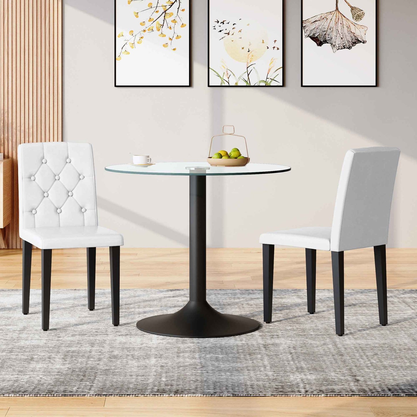 White PU Dining Chairs Set of 2 – Ergonomic Buckle Backrest with Black Metal Legs, Modern Upholstered Kitchen & Dining Chairs (Deliver to United States Only)