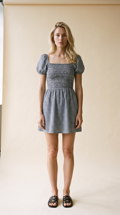 Ramona - Smocked Puff Sleeve Square Neck Dress Black Gingham