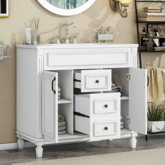36-Inch White Bathroom Vanity with Ceramic Sink – Modern Storage Cabinet with 2 Soft-Close Doors & 2 Drawers