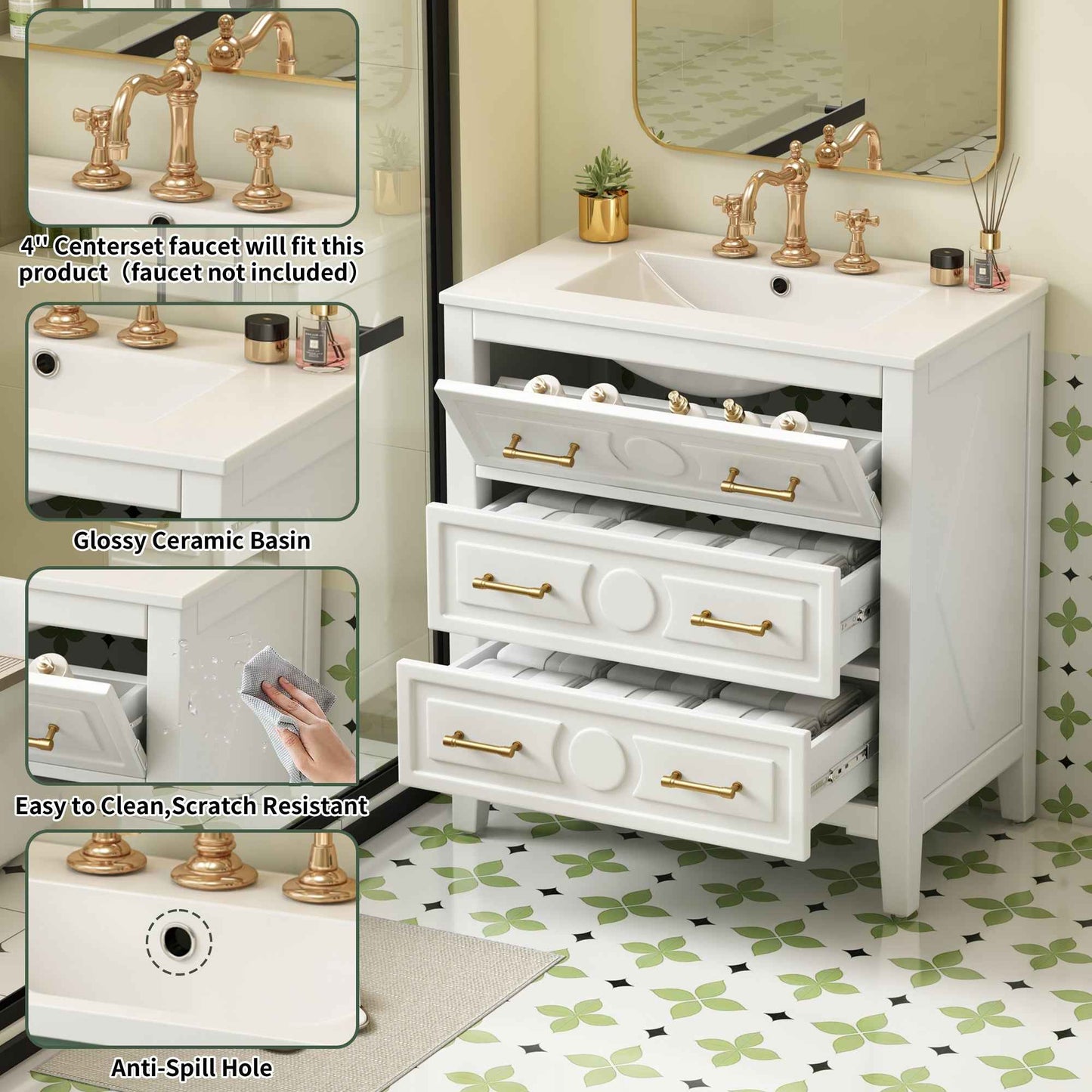 30 Inch Bathroom Vanity with Ceramic Sink – Retro White Freestanding Cabinet with 3 Drawers