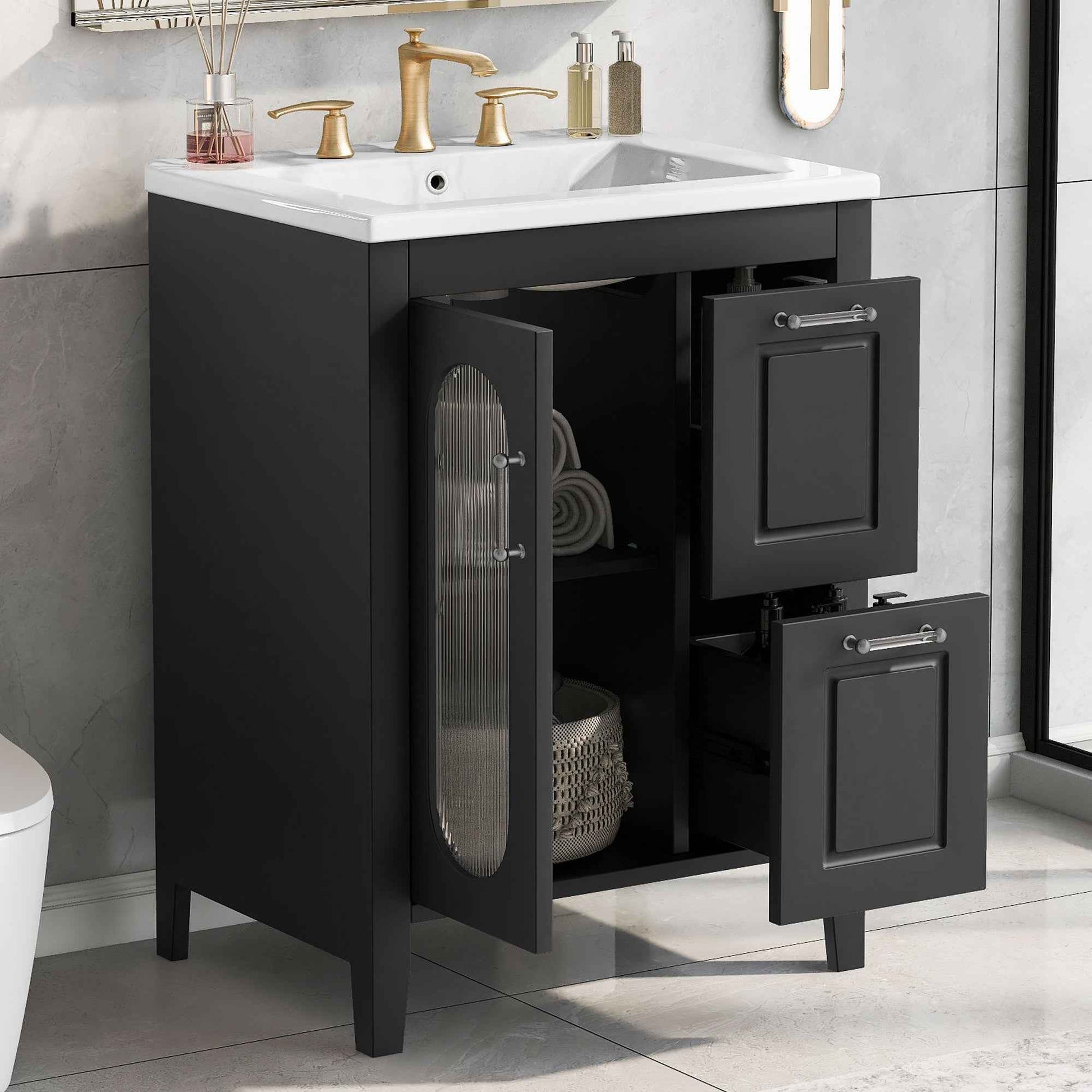 Solid Wood Bathroom Vanity with Ceramic Sink – 24 Inch Black Vanity Cabinet