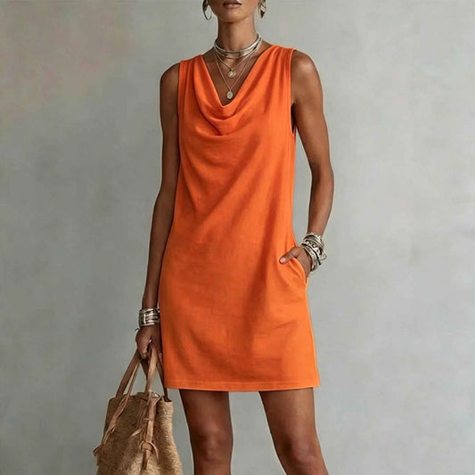 Women's Elegant Summer Dress – Draped Cowl Neck Slim Fit Midi Dress