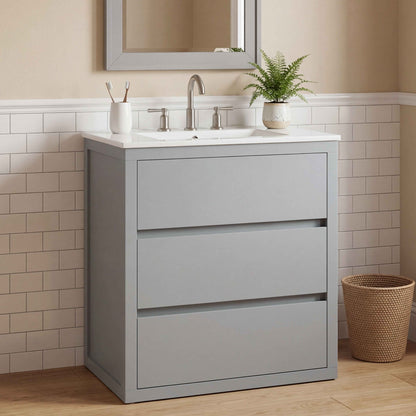 30" Gray Bathroom Vanity with Ceramic Sink – Freestanding Cabinet with 2 Soft-Close Drawers