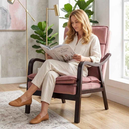 Mid-Century Modern Rose Accent Chair – Velvet Upholstered Reading Chair with Wood Armrests (United States Delivery Only)