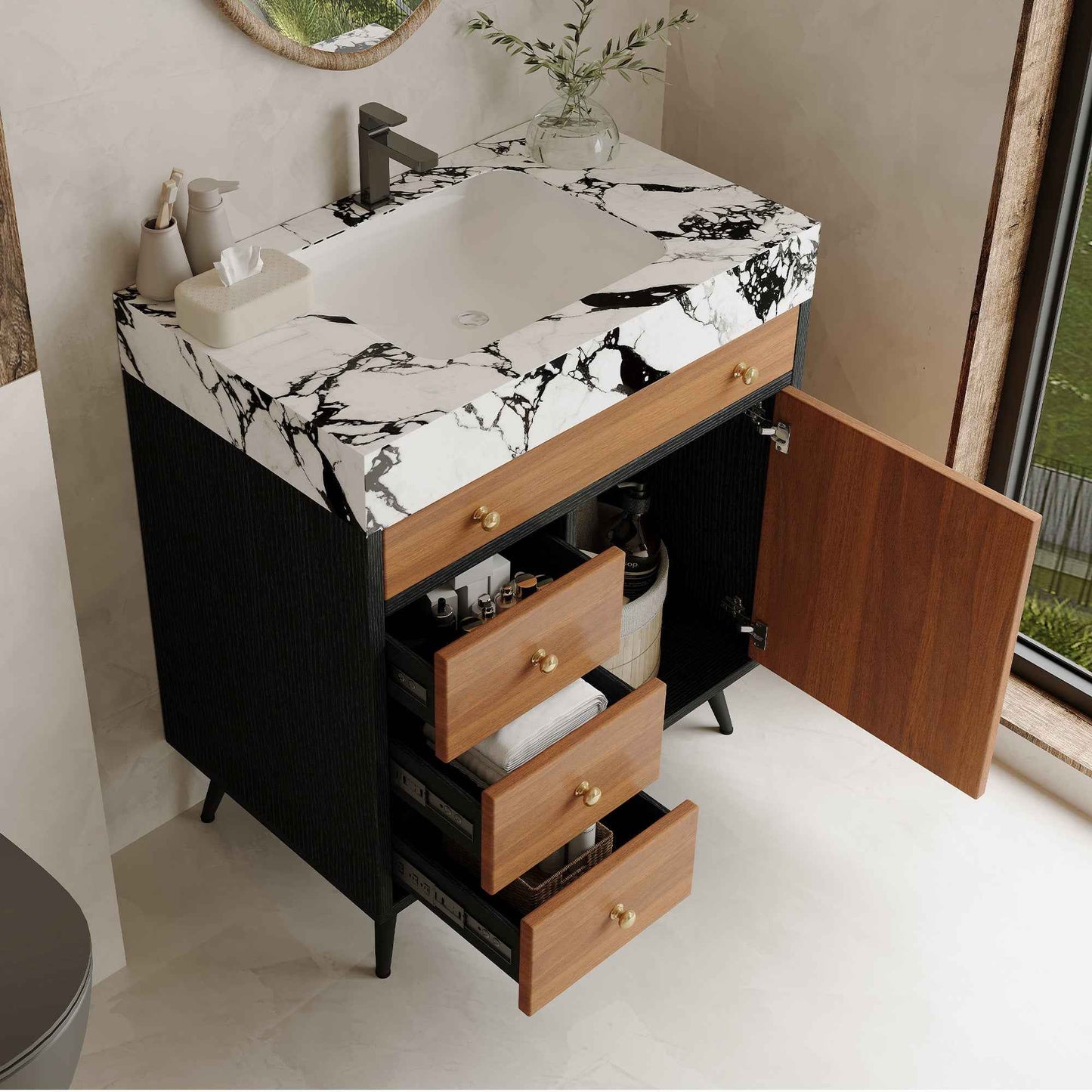 30" Modern Freestanding Bathroom Vanity with Ceramic Sink & Sintered Stone Top – Soft Close Storage Cabinet