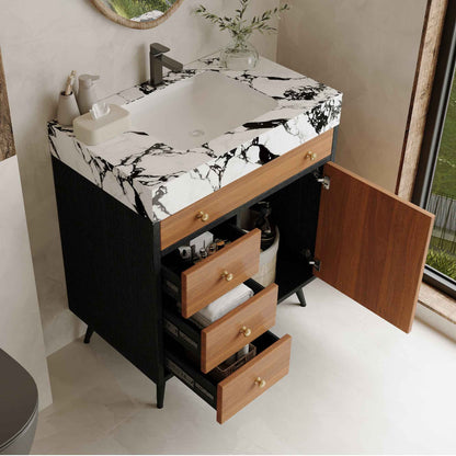 30" Modern Freestanding Bathroom Vanity with Ceramic Sink & Sintered Stone Top – Soft Close Storage Cabinet