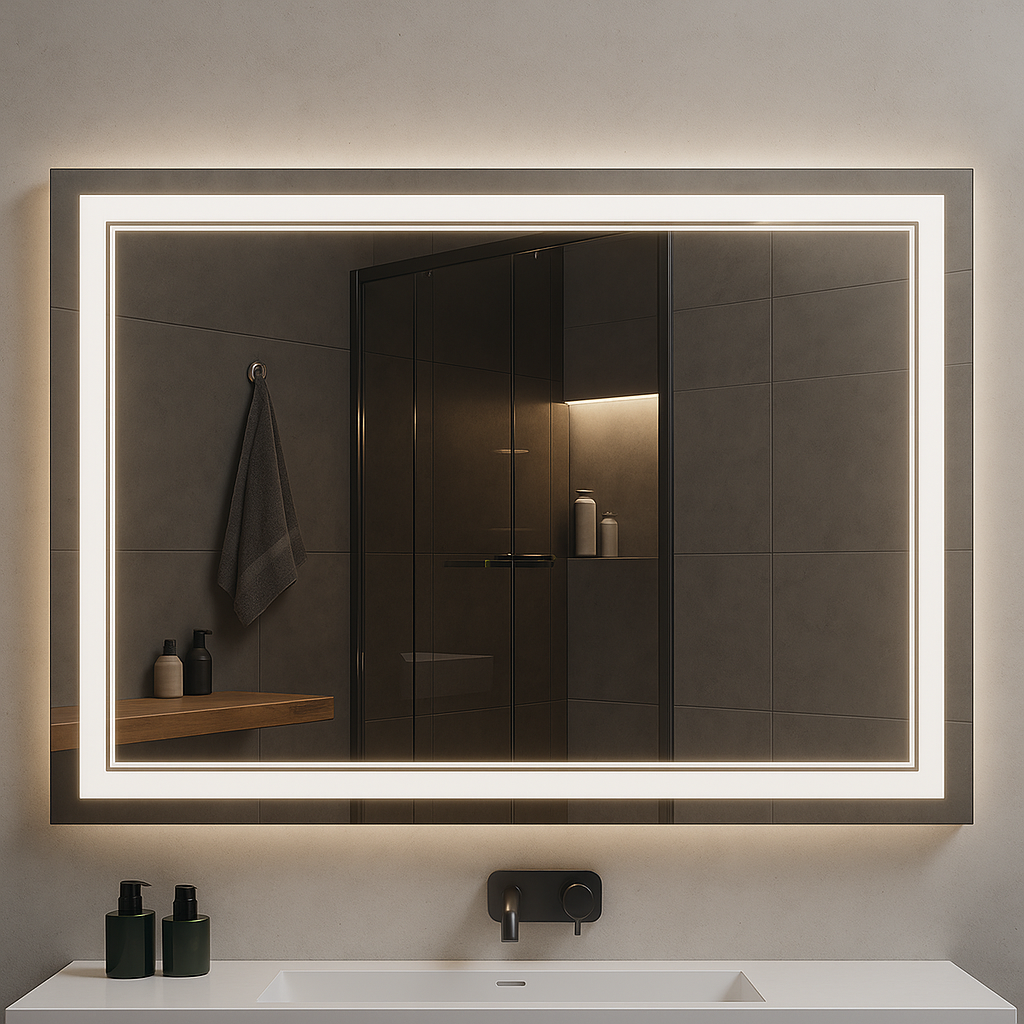 Ondelle Rectangular LED Bathroom Mirror — Frosted Front Perimeter + Backlit Halo, Anti-Fog | 4 Sizes
