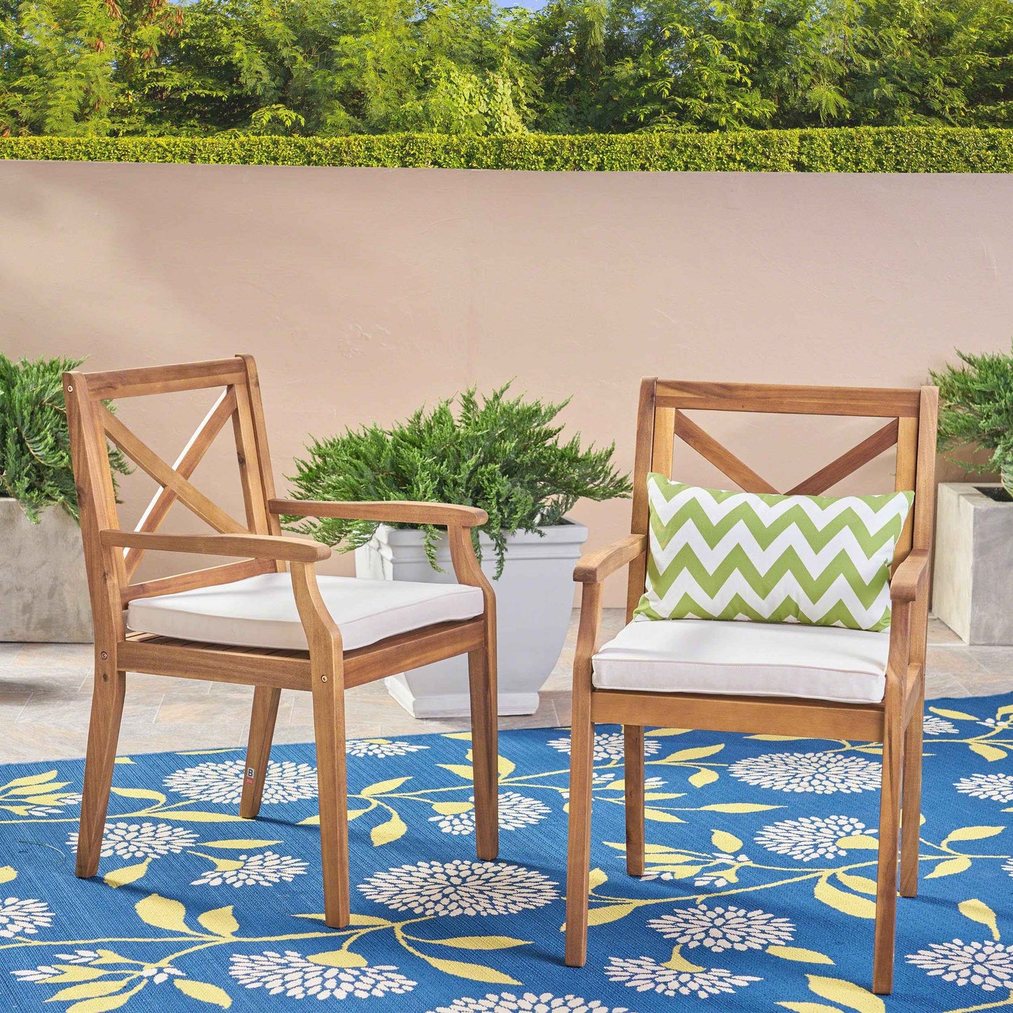 PERLA Outdoor Dining Chairs Set of 2 – Acacia Wood Patio Chairs with Water-Resistant Cream Cushions for Garden & Poolside