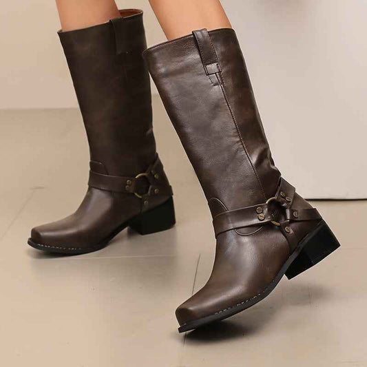 Women’s Square Toe Mid-Calf Boots – Stylish Suede Denim Boots for Fall & Winter