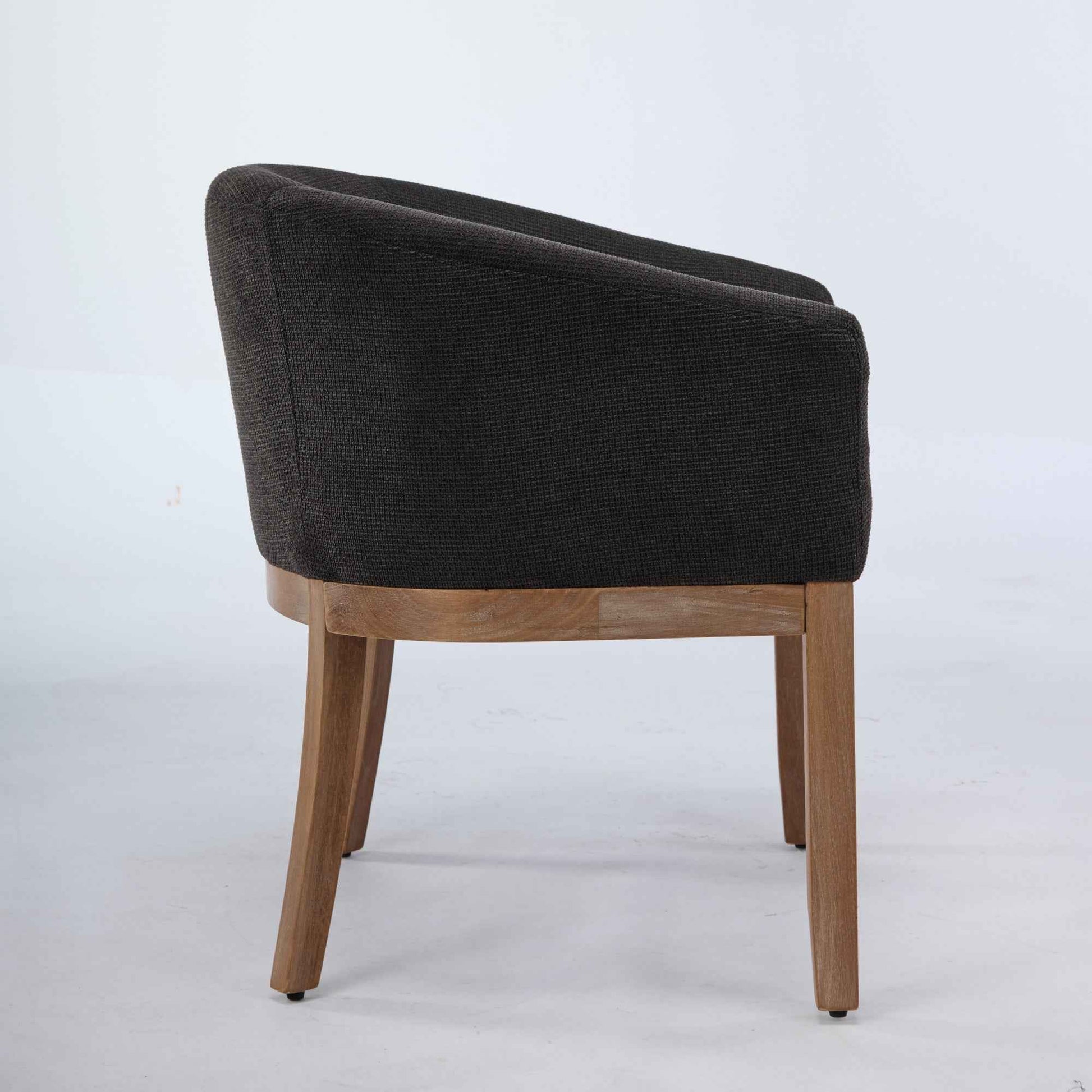 Mid-Century Modern Barrel Dining Chair with Arms – Black Upholstered Linen Accent Chair with Natural Rubberwood Frame (United States Delivery Only)
