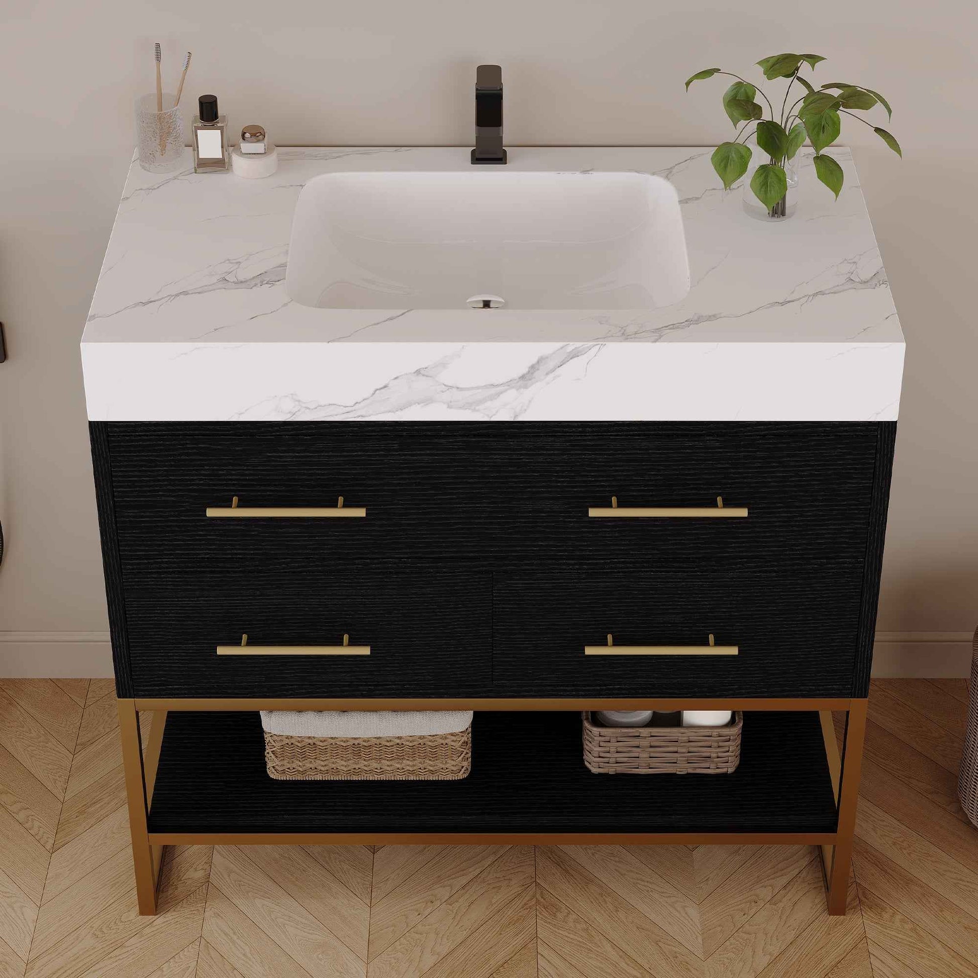 36" Artificial Stone Bathroom Vanity with Ceramic Sink – Soft-Close Drawers & Open Shelves