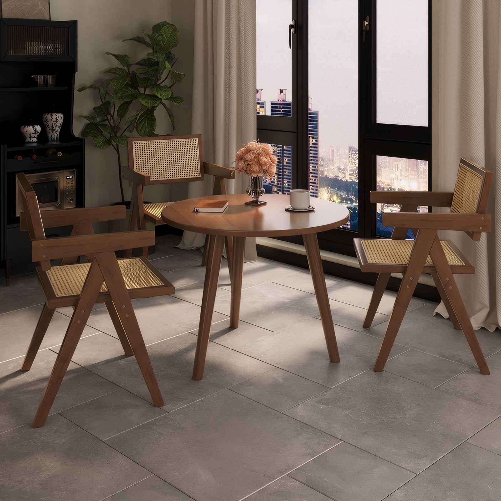 Modern Mid-Century Dining Chairs Set of 2 – Brown Rattan Accent Armchairs with Rubber Wood Frame (Deliver United States Only)