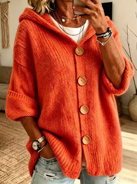 Women's Solid-Color Hooded Button-Down Cardigan Sweater