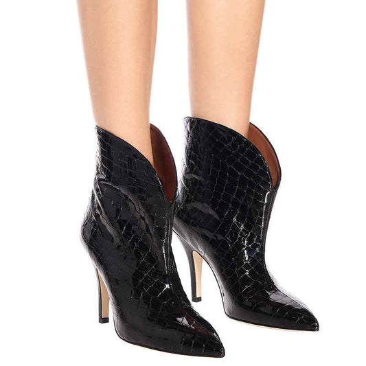 Women's Patent Leather Stiletto Ankle Boots – Pointed Toe Stone Pattern Fashion Boots
