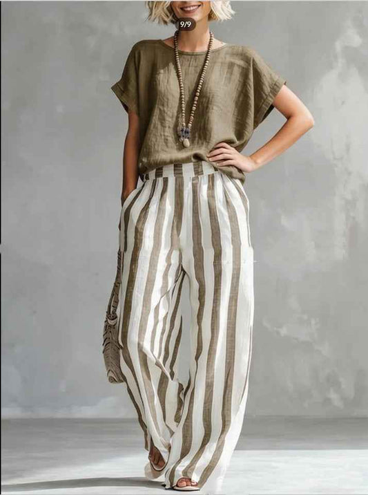 Women's Summer Two Piece Set – Short Sleeve Top with Striped Straight Leg Pants
