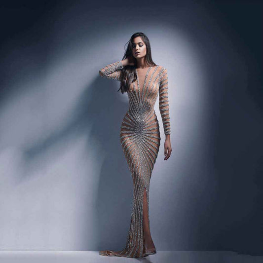 Women’s Diamond Mesh Maxi Dress – Sparkling Sheer Evening Gown for Party and Events