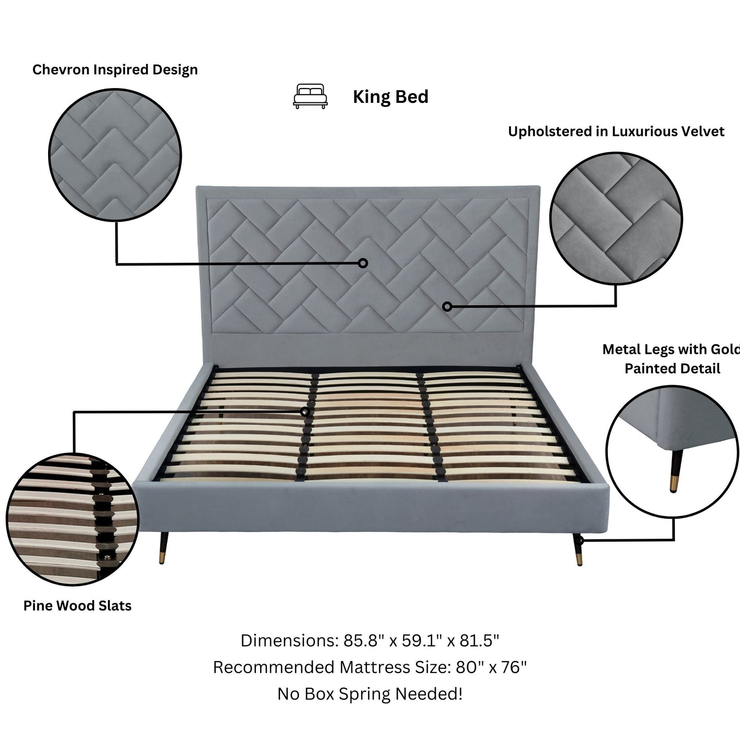 Gallagher Upholstered Velvet Platform Bed - Grey