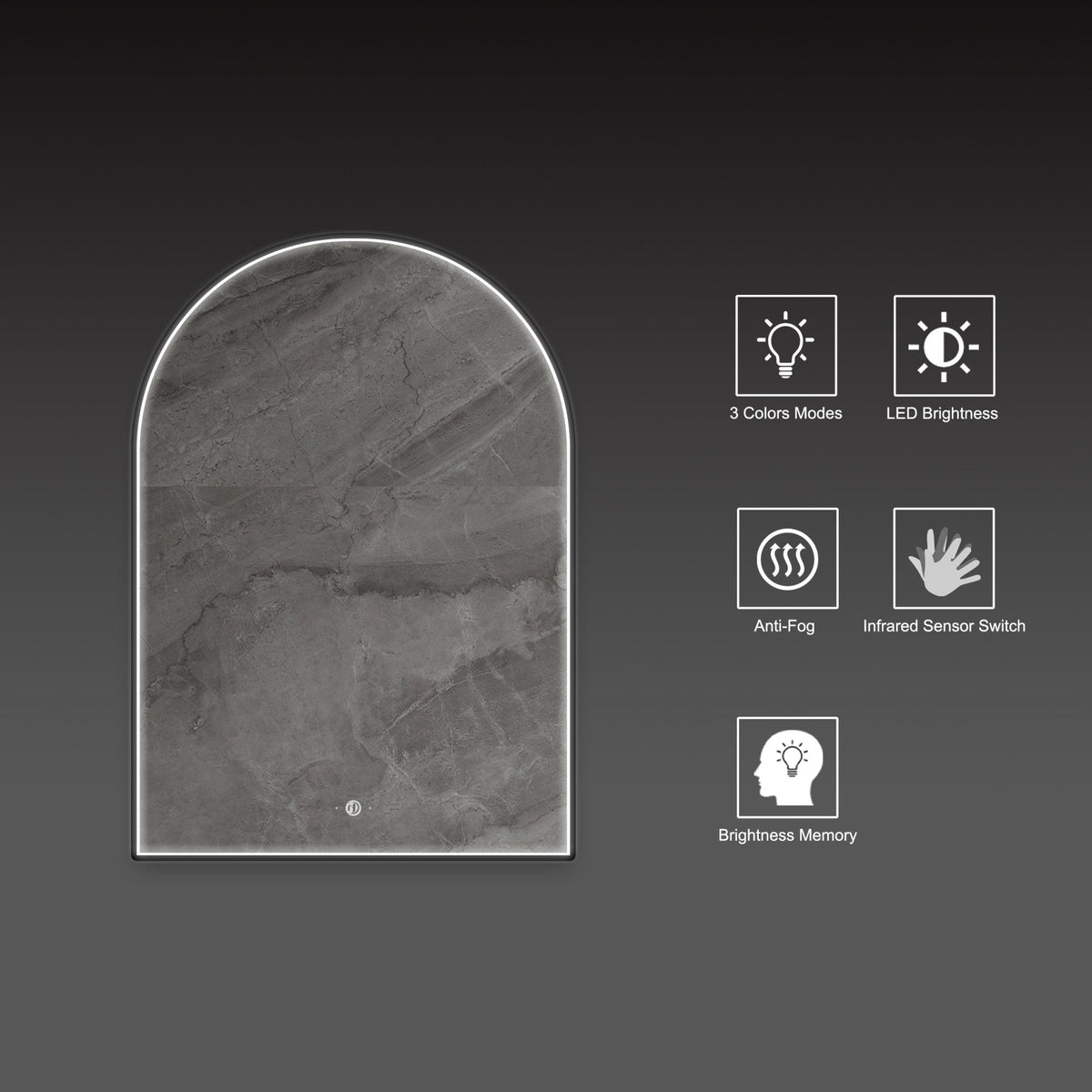 24" x 34" Arched LED Bathroom Mirror, Front-Lit Black Frame, Motion Sensor, Anti-Fog