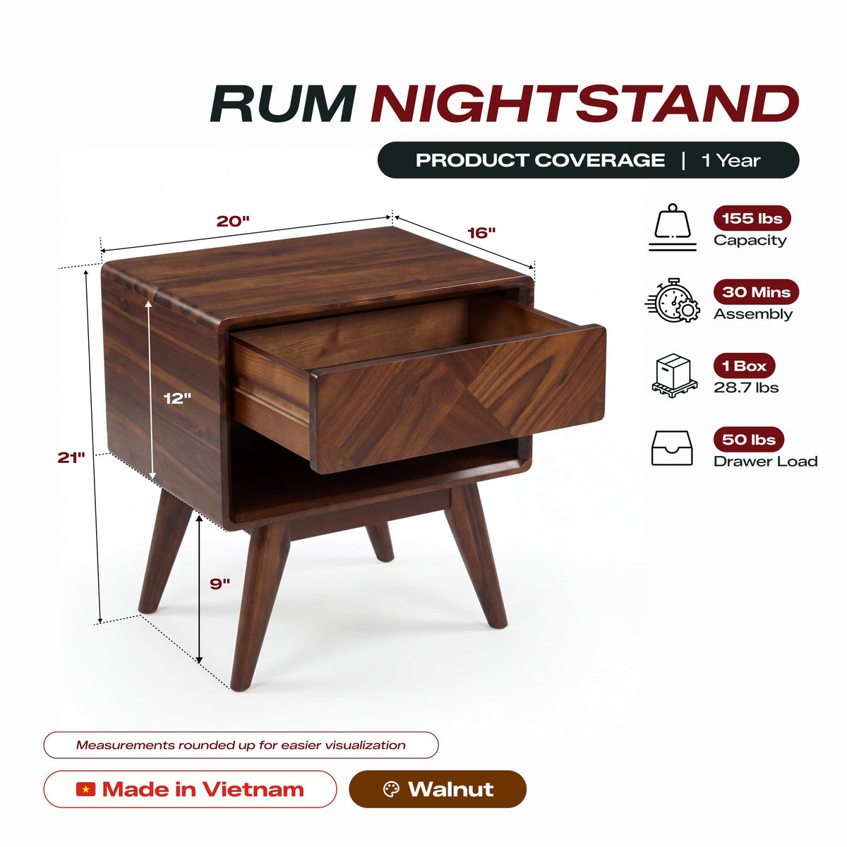 Laden Handcrafted Solid Wood Nightstand