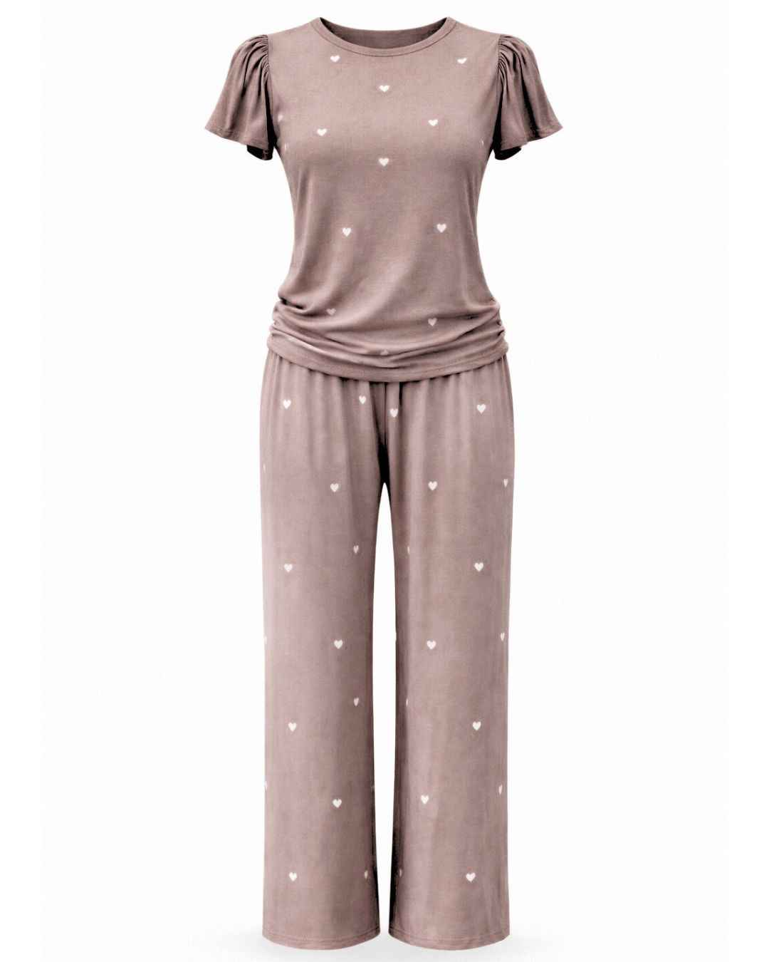 Heartfull PJ – Silky Printed Pajama Set 2PC In Mochacinno Hearts