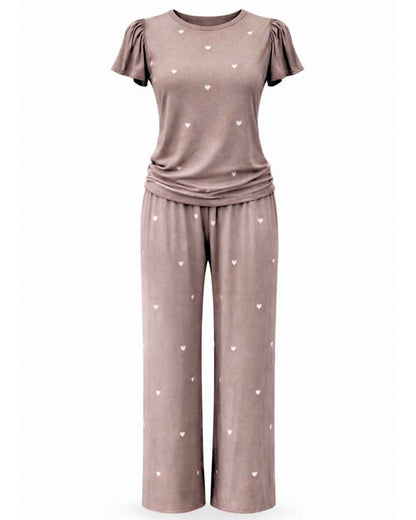 Heartfull PJ – Silky Printed Pajama Set 2PC In Mochacinno Hearts