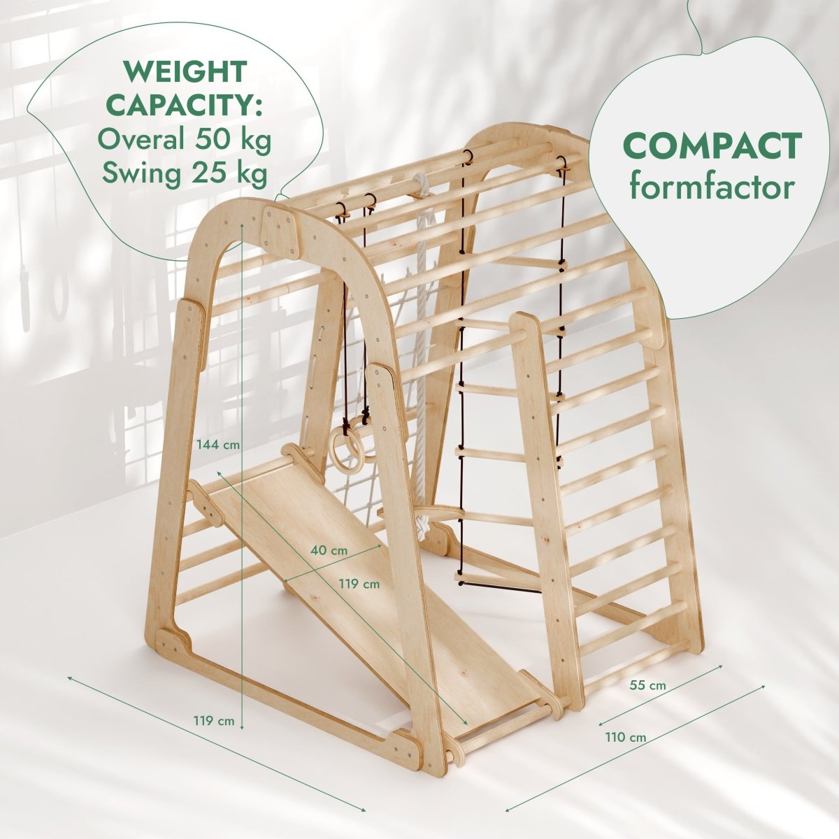 Indoor Wooden Playground for Children - 6in1 Playground + Swings Set + Slide Board