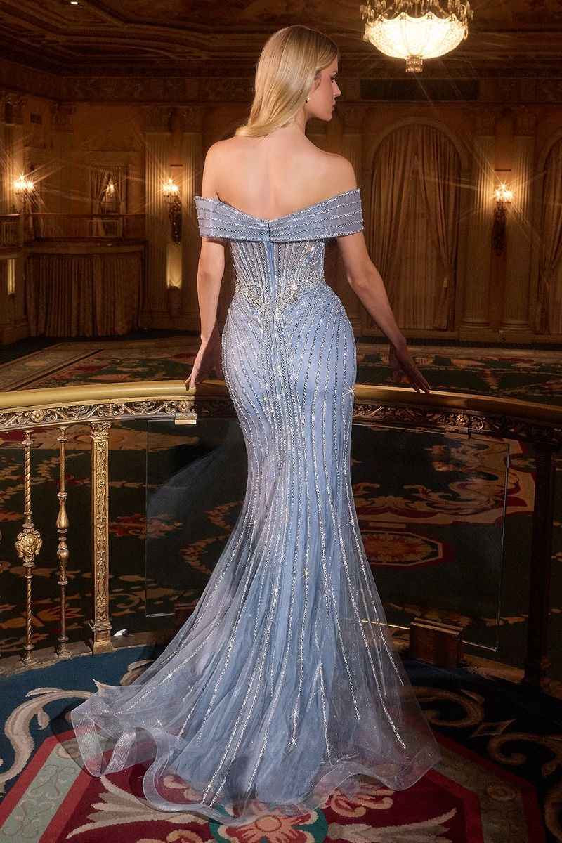 Off the shoulder neckline & linear beaded motif