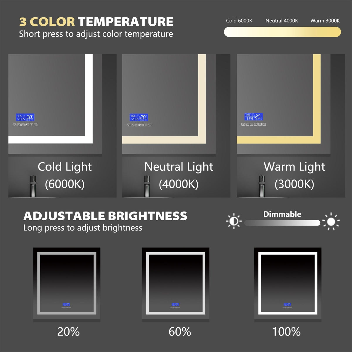 24"–42" LED Bathroom Mirror with Bluetooth Speaker, Touch Sensor, Anti-Fog, 3-Color Light