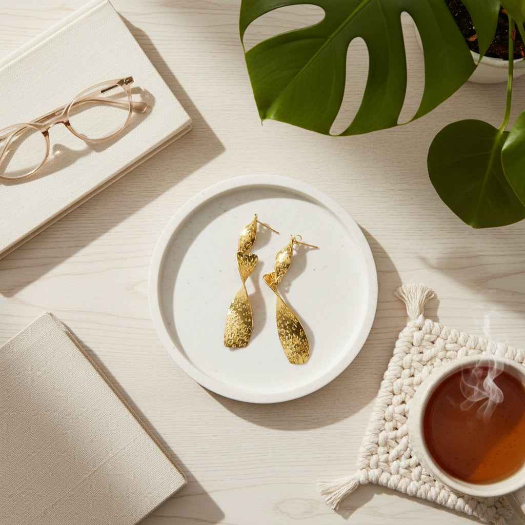 Beaten Metal Twist Earrings - Gold Stainless Steel
