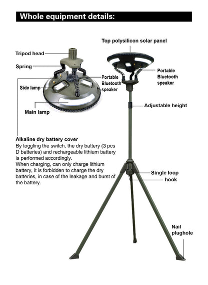 TRU De-LIGHT Singing Music Solar LED Light - Strong BT Speaker/Main Light+3 Detachable Multi Mode Lights/Tripod+Carry Bag