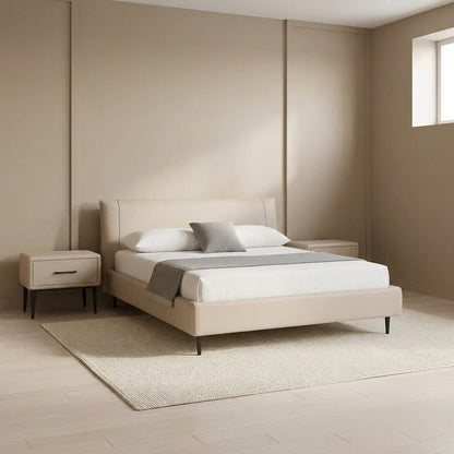 Ovalle Beige Leather Bed with Matching Nightstands