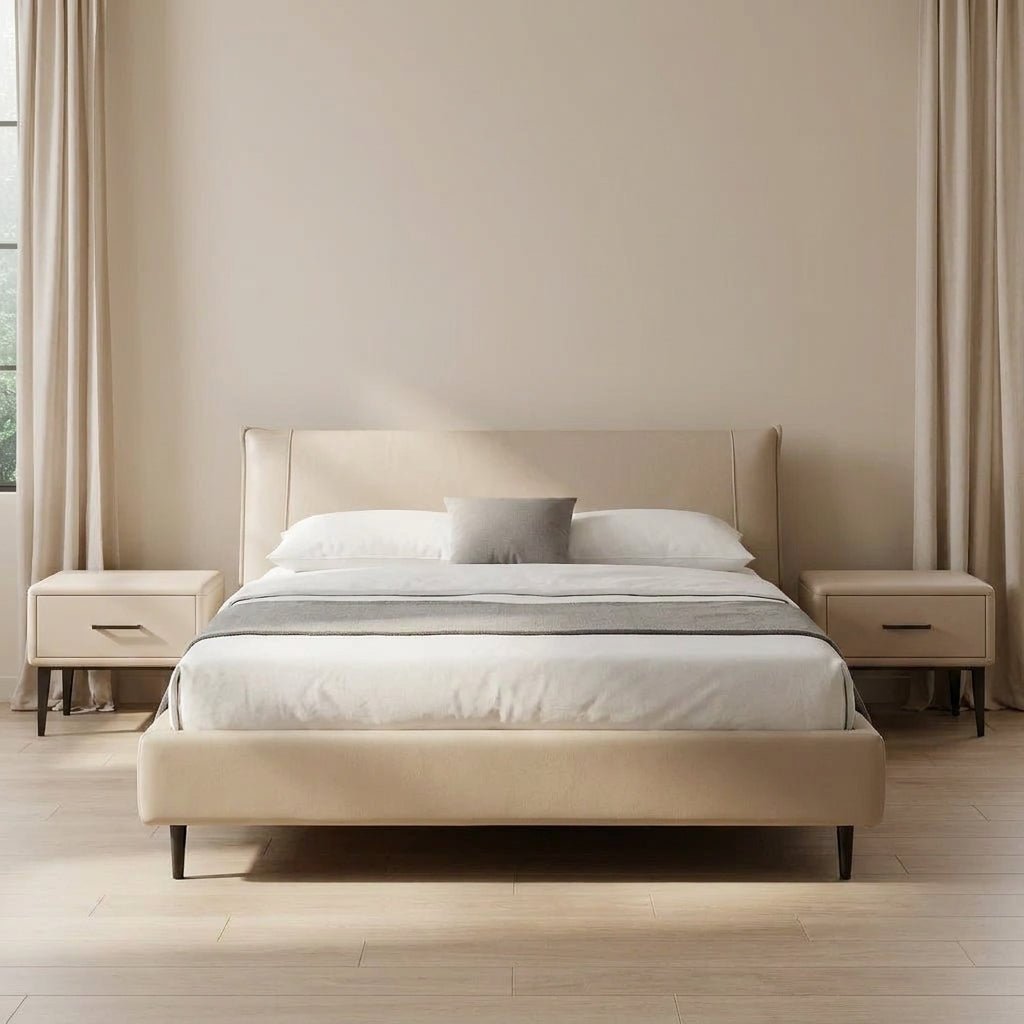 Ovalle Beige Leather Bed with Matching Nightstands