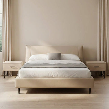 Ovalle Beige Leather Bed with Matching Nightstands