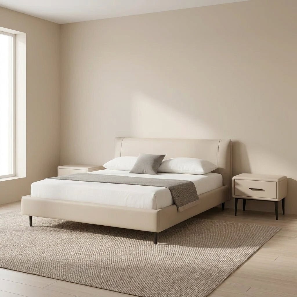 Ovalle Beige Leather Bed with Matching Nightstands