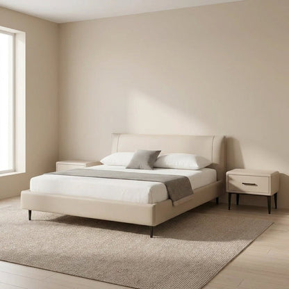 Ovalle Beige Leather Bed with Matching Nightstands