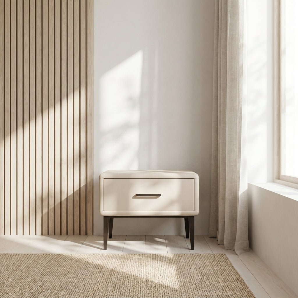 Ovalle Beige Leather Bed with Matching Nightstands
