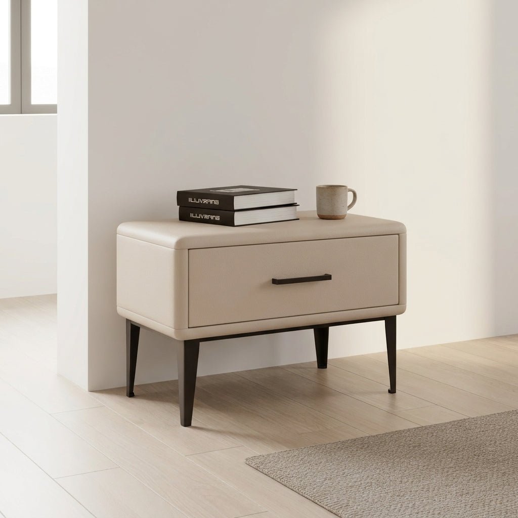 Ovalle Beige Leather Bed with Matching Nightstands