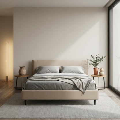 Ovalle Beige Leather Bed with Matching Nightstands