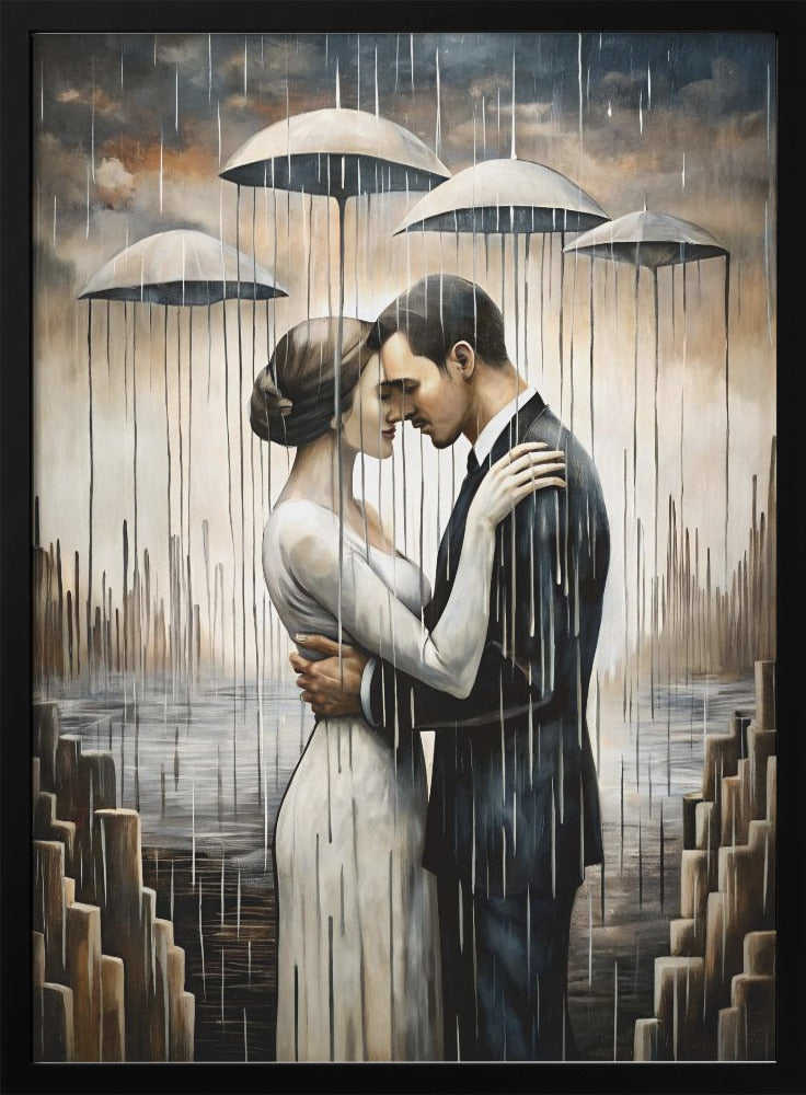 Ein Kuss unter den schwebenden Regenschirmen – Wandkunst