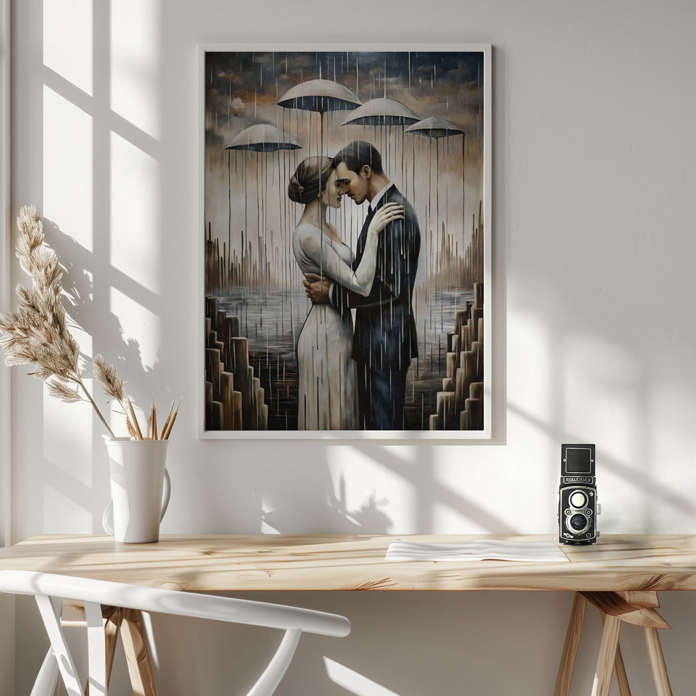 Ein Kuss unter den schwebenden Regenschirmen – Wandkunst