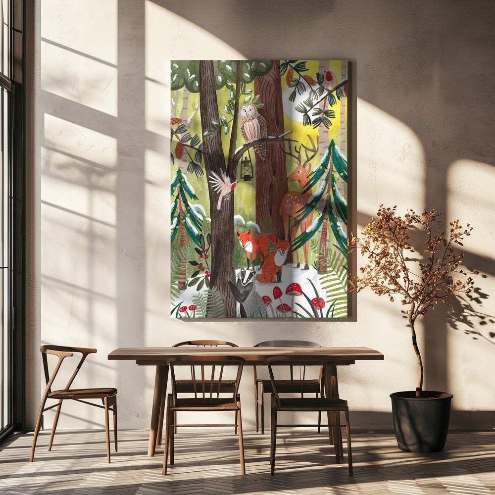 Wall art Green Christmas forest with animals Canvas Print