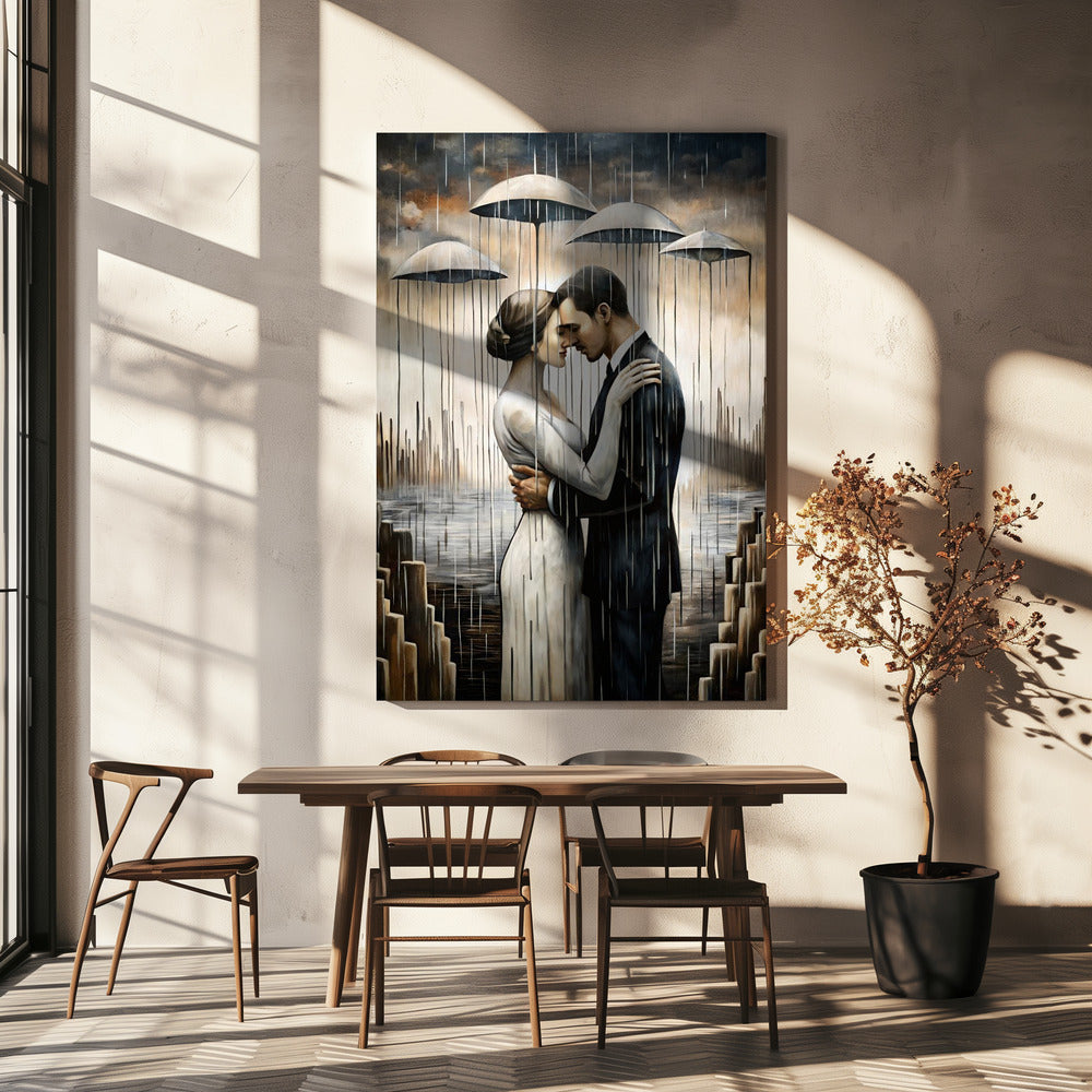 Ein Kuss unter den schwebenden Regenschirmen – Wandkunst