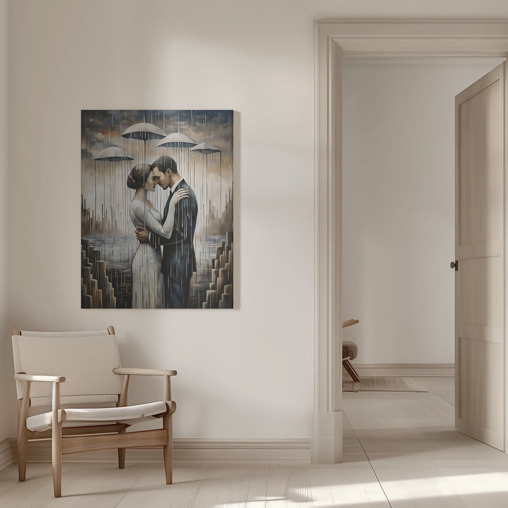 Ein Kuss unter den schwebenden Regenschirmen – Wandkunst