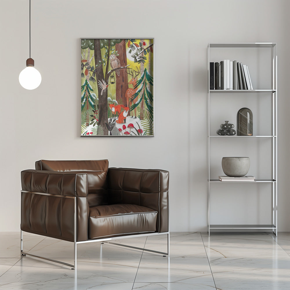 Wall art Green Christmas forest with animals Canvas Print