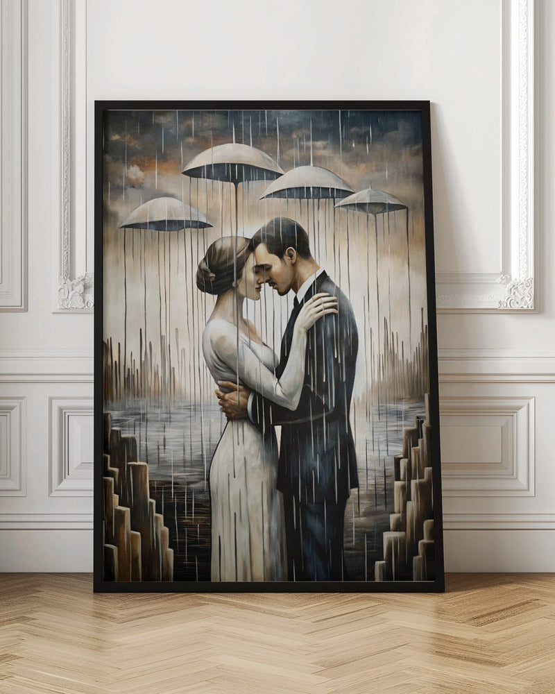 Ein Kuss unter den schwebenden Regenschirmen – Wandkunst