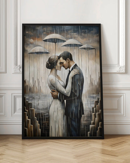 Ein Kuss unter den schwebenden Regenschirmen – Wandkunst